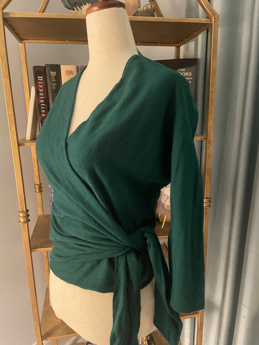 Ann Taylor S Medium Emerald Forest Green Wrap Knit Top Tie Waist Sweater